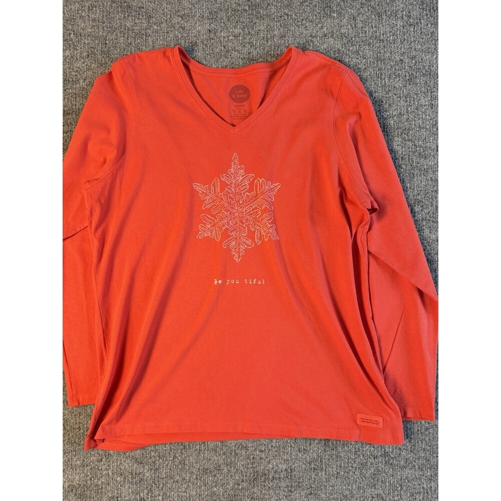 Life is Good Womens XL Red Snowflake Long Sleeve V Neck Shirt Be You Tiful